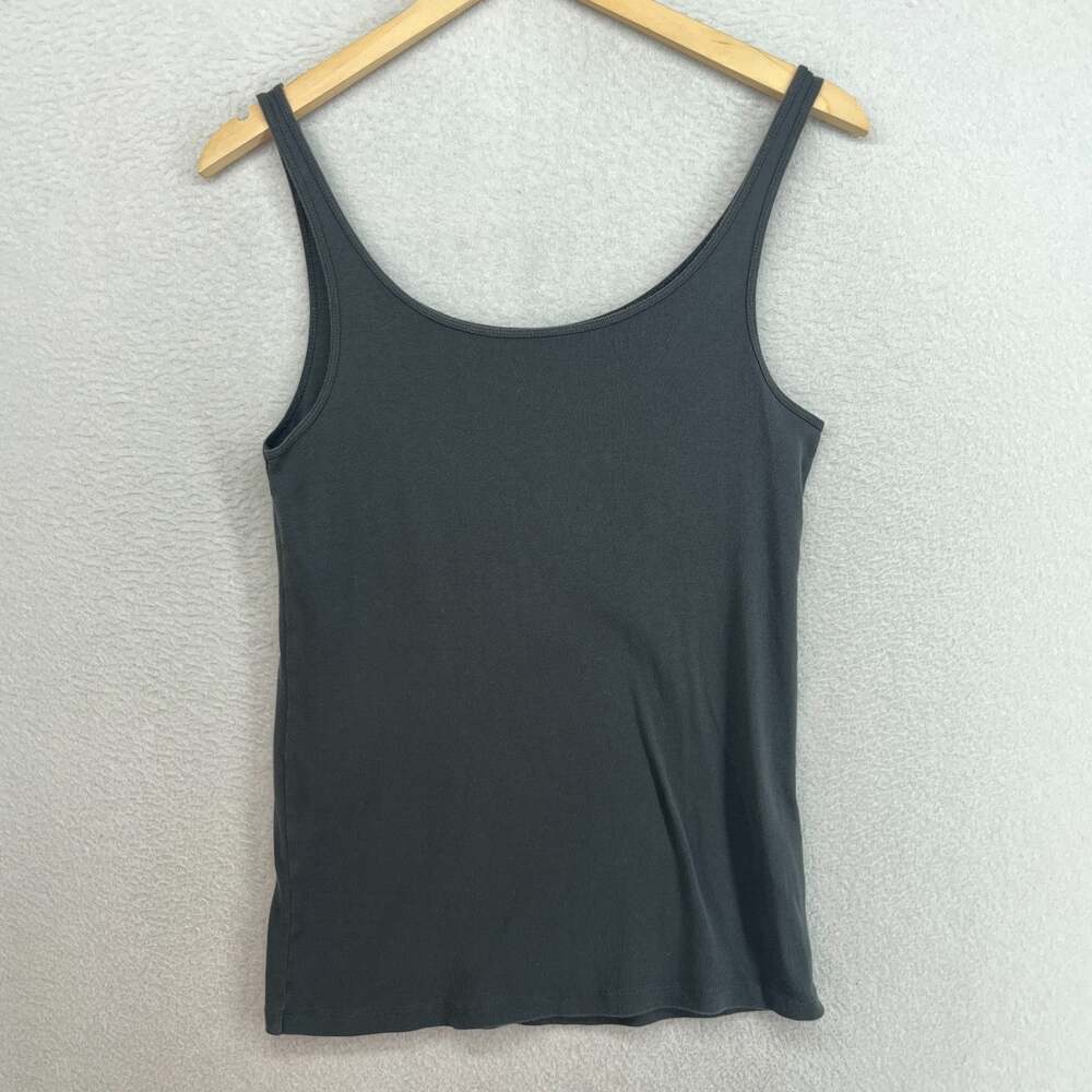 EILEEN FISHER Tank Top M Organic Cotton Ribbed Jersey Slim Cami Scoop Neck Gray